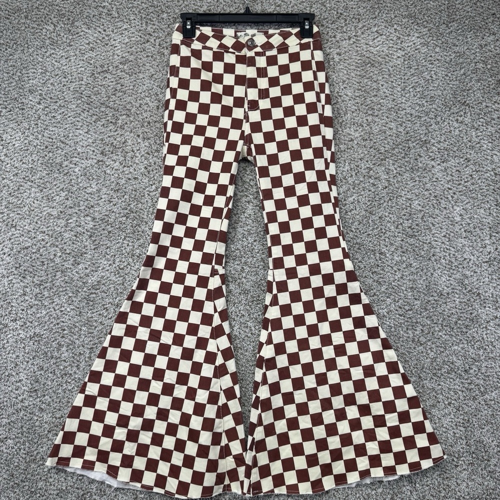 Free People Just Float On Flare Pants Women's Size 24 Checkered Brown Beige Prep